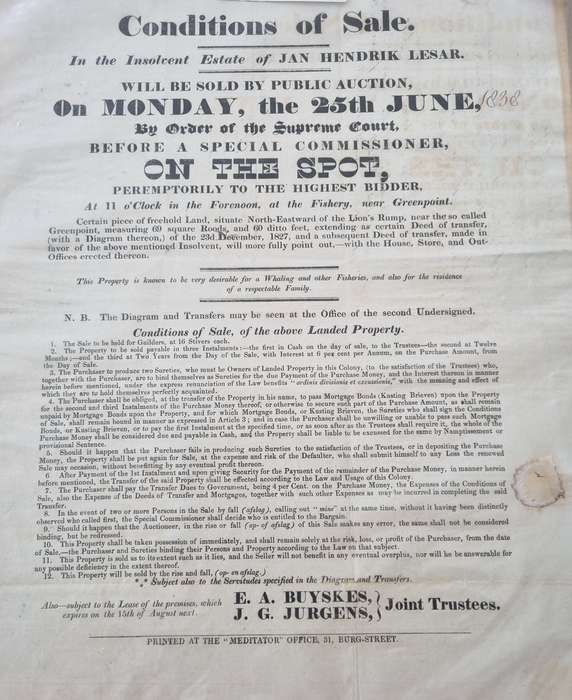 Auction poster/notice for sale of Upper Green Point land in 1838