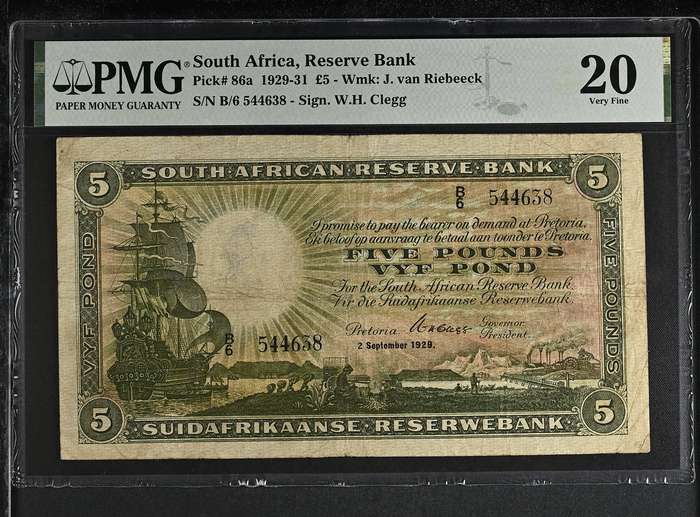 S. Africa (Reserve Bank): 1929 WH. Clegg 5 Pounds PMG Certified VF20 (4th Issue)