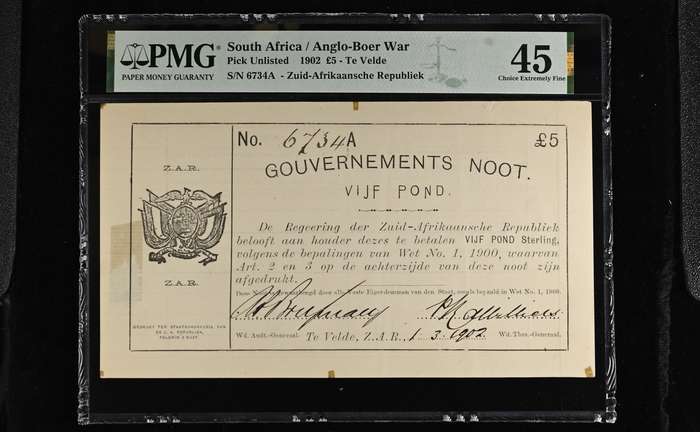S. Africa (Pre-Reserve Bank): 1902 ZAR Te Velde 5 Pounds with Vertical Lines PMG Certified XF45
