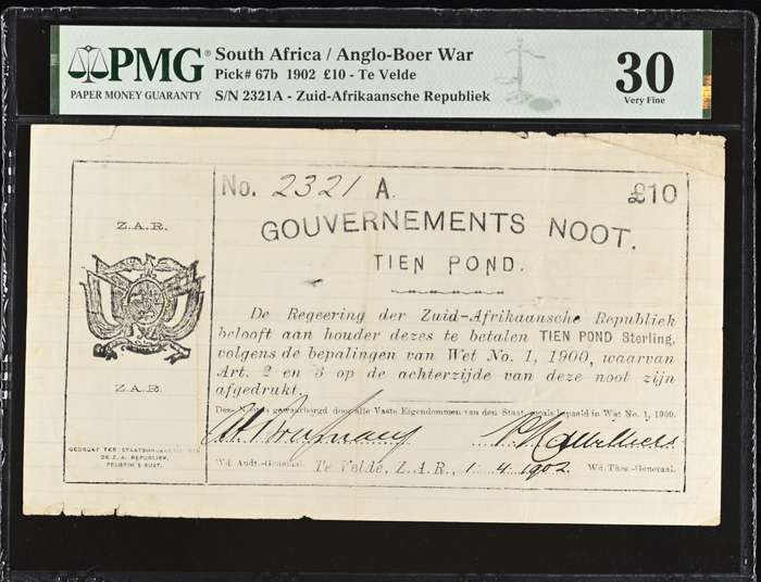 S. Africa (Pre-Reserve Bank): 1902 ZAR Te Velde 10 Pounds PMG Certified VF30