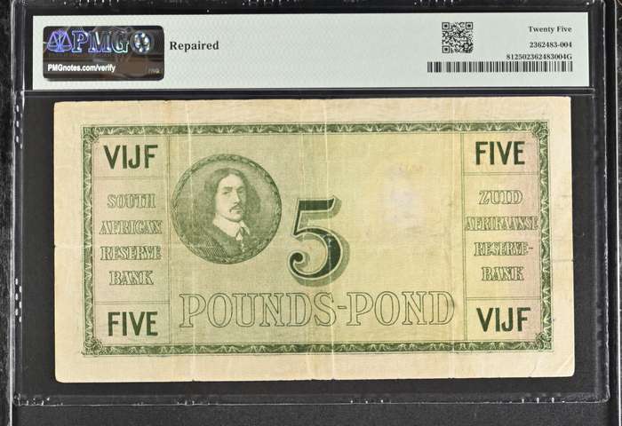 S. Africa (Reserve Bank): 1926 WH. Clegg 5 Pounds PMG Certified VF25 (Van Riebeeck Reverse)