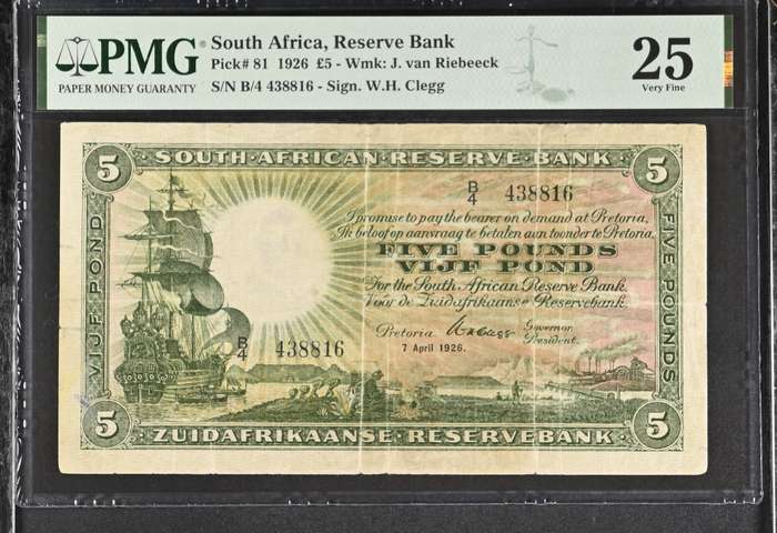 S. Africa (Reserve Bank): 1926 WH. Clegg 5 Pounds PMG Certified VF25 (Van Riebeeck Reverse)