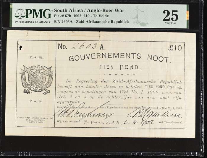 S. Africa (Pre-Reserve Bank): 1902 ZAR Te Velde 10 Pounds PMG Certified VF25