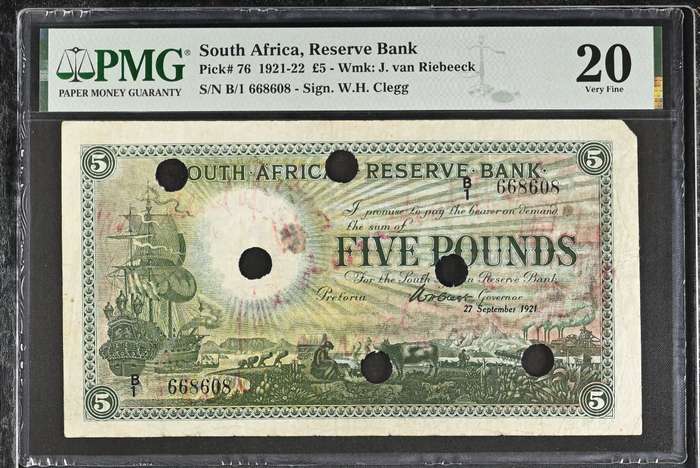 S. Africa (Reserve Bank): 1921 WH. Clegg 5 Pounds PMG Certified VF20 (1st Issue)