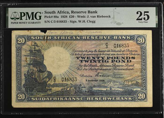 S. Africa (Reserve Bank): 1928 WH. Clegg 20 Pounds PMG Certified VF25