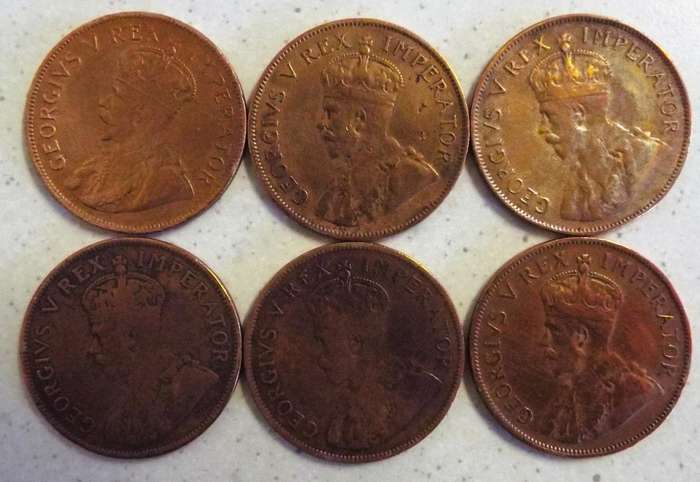 nice set of 6 1D coins 1930,31,32,33,34 and 1935 as 1 lot