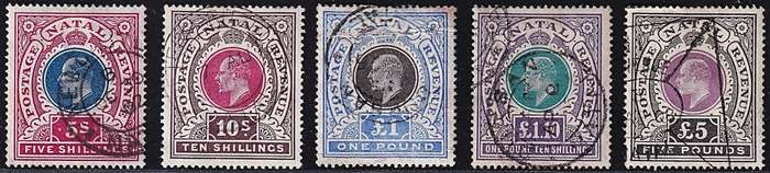 1902/3 Natal KEVII S/Set to £1.10 Postally Used (CV R10,700) + £5 Fiscal (Normal R50,000)