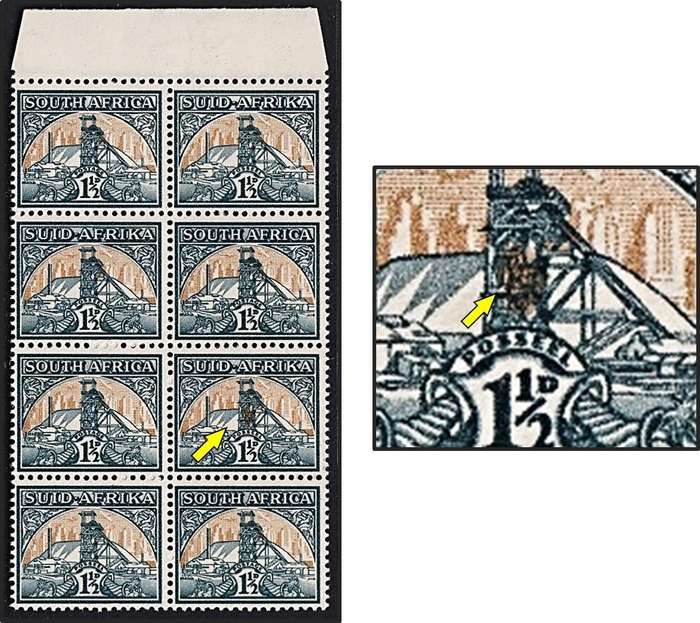 1941 Union 1½d UMM(**) Marginal Block with UHB Var.3 - Large Gold Blob in Headgear
