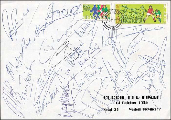1995 RSA Currie Cup Final Signed Cover - James Small, Mark Andrews, Andre Joubert etc