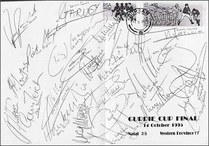 1995 RSA Currie Cup Final Signed Cover - James Small, Mark Andrews, Andre Joubert etc