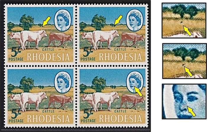 1966 Rhodesia 5/- UMM(**) Varieties - Smudge on Queen's Nose & 2 Bushes on Top 2 Stamps