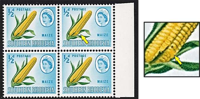 1964 Southern Rhodesia ½d UMM(**) Block Listed Variety CC.94a - Missing grain of Maize