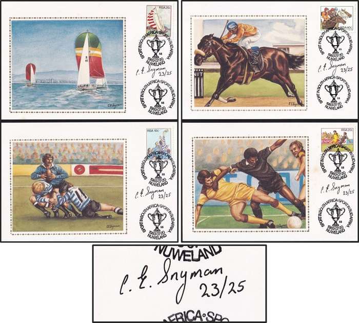 1983 RSA Sport MAXISILK Post Cards Signed By Artist C.E. Snyman (20c Stained)
