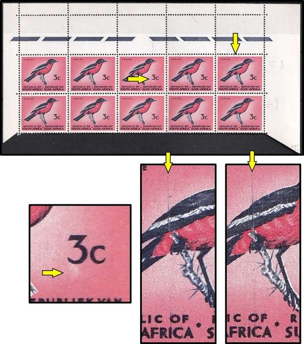 1964 RSA 3c UMM(**) Part Sheet CC.240 Varieties - Dr Blade Flaw & White Smudge under "3"