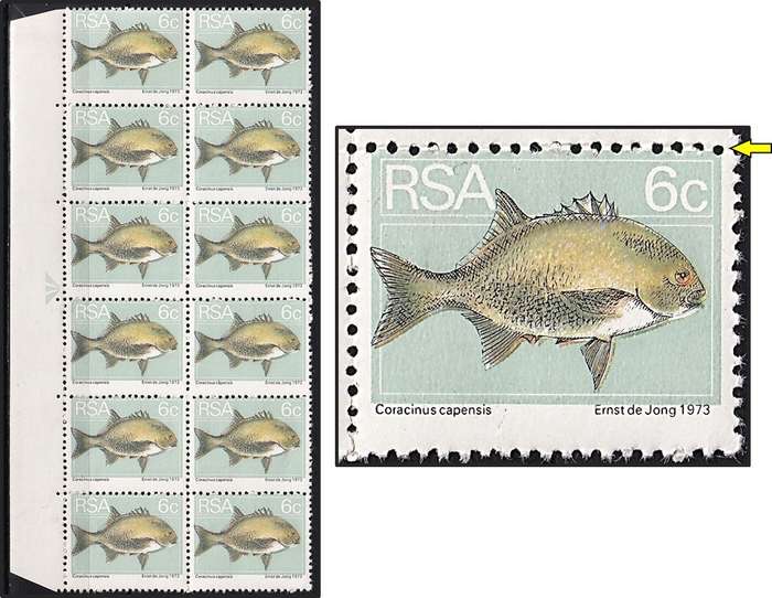 1974 RSA 6c UMM(**) Block with Perf Shift through the Top of the Stamp Design
