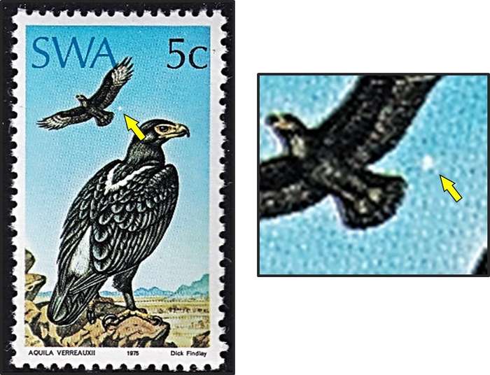 1975 SWA 5c CC.280 UMM(**) Flaw - White Circle to Left of Small Eagle