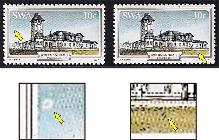 1977 SWA 10c CC.316 UMM(**) Flaws - Moon Left Margin & Green Marks Bottom Right