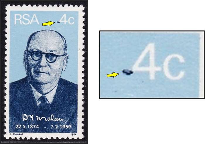 1974 RSA 4c UMM(**) Listed Variety - Blue Mark Left of "4"