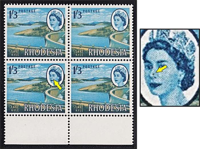 1966 Rhodesia 3d UMM(**) Block of 4 with "Spot on Nose" Flaw