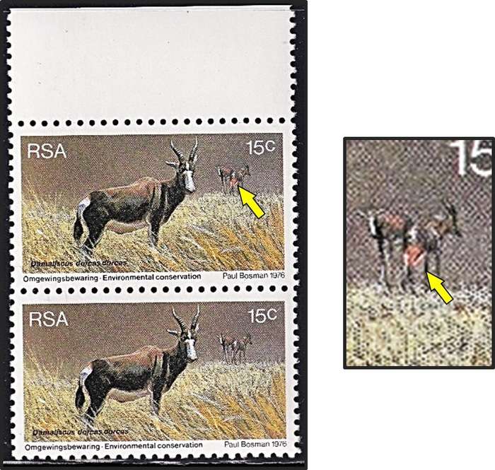 1976 RSA 15c UMM(**) Variety - Red Blob(Light) on 2 x Blesbok in Background