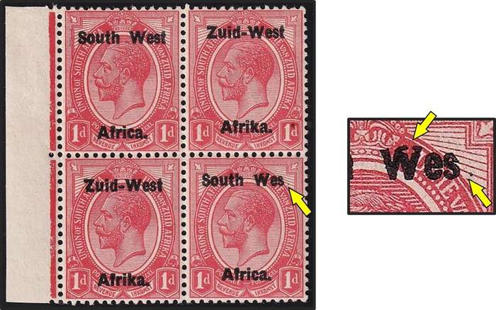 1923 SWA 1d UMM/MM Block "Wes" for "West" CC.2b & Horned "W" @ CV  R7,500+
