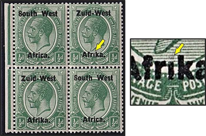 1923 SWA ½d UMM(**) Block CC.1 with Missing Dot on "i" of  Afrika