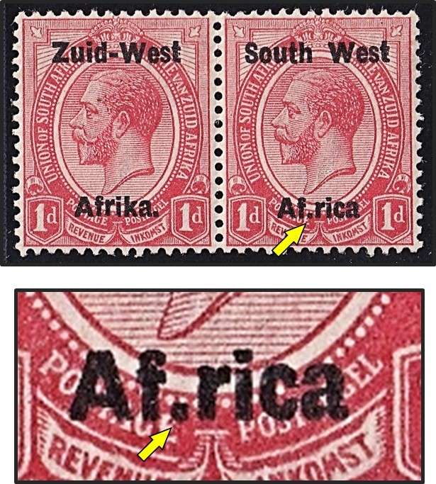 1923 SWA 1d MM(*) Pair CC.2e Extra Stop Variety -  "Af.rica" for "Africa"  @ CV  R5,500
