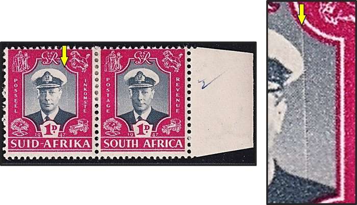 1947 Union 1d MM(*) Variety - White Vertical Line Right of King