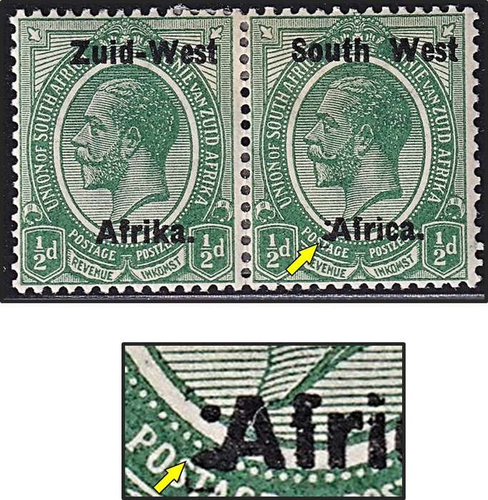 1923 SWA ½d MM(*) Pair CC.1 Variety with  "Extra Colon" infront of Africa