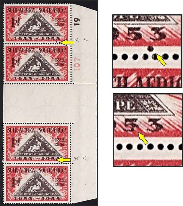 1953 Union 1d Gutter Block with 2 x UHB Varieties - Dot under "53" & Broken "5"