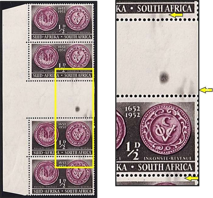 1952 Union ½d UMM(**) Gutter Block with UHB Var - Grey Mark Through Stamps & In Gutter