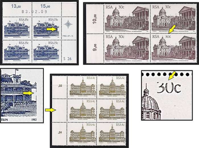 1982 RSA Buildings UMM(**) Varieties - Broken Pillar/Shaved "30" & Missing ",28" in Margin