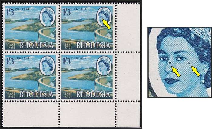 1966 Rhodesia QEII UMM(**) Corner Block - Spots on Queen's Face