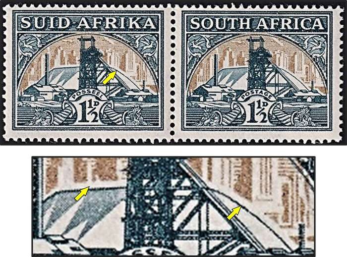 1936 Union 1½d UMM(**) Pair Variety - Gold Shifted to Top/White Shade on Dump