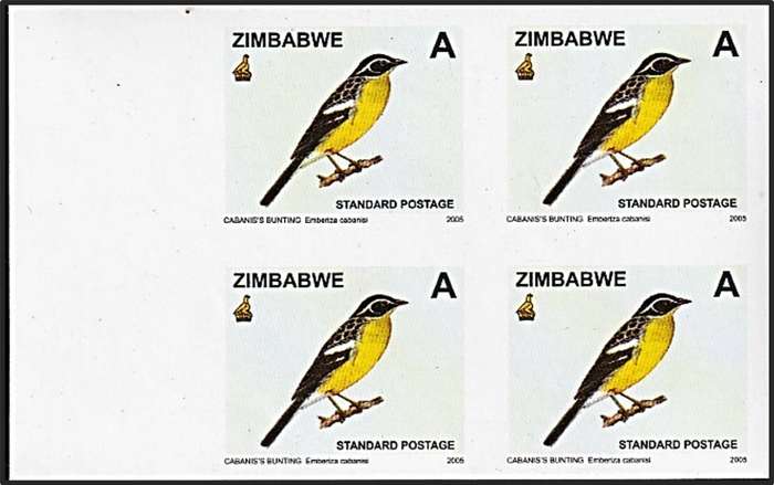 2005 Zimbabwe A-Value Birds UMM(**) Marginal Imperf Block of 4 - Great Thematic!