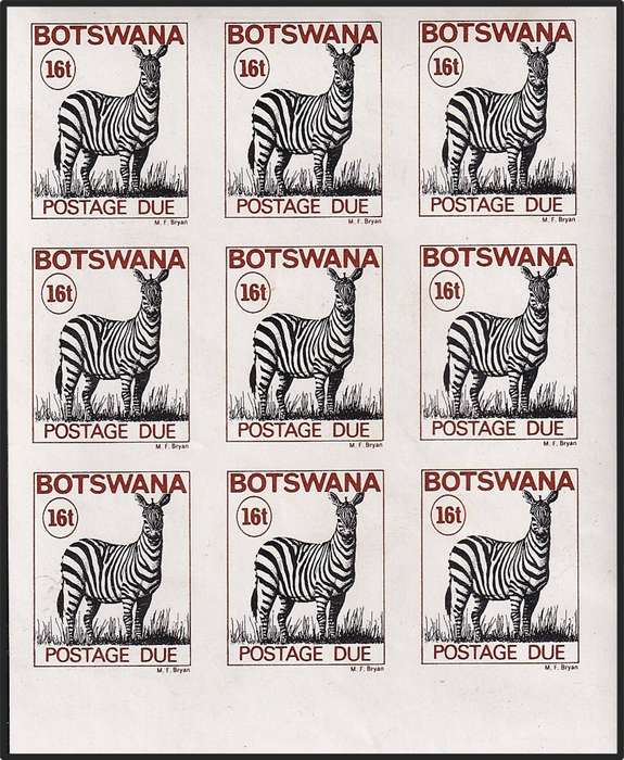 Botswana 16t UMM(**) Postage Due IMPERF Block of 9 - Rare Animal Thematic!