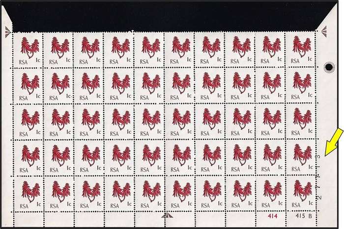 1969 RSA 1c UMM(**) Bottom Half Page - Sheet Number Shifted into Stamp/Design Shifted Right