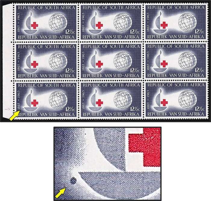1963 RSA Red Cross UMM(**) Block with Large Blue Blob Left of Lamp/Flame