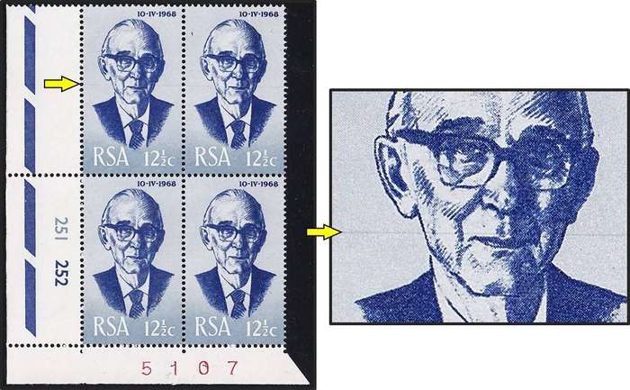 1968 RSA Pres Fouche UMM(**) Control - Horizontal Blue Line Through Both Stamps