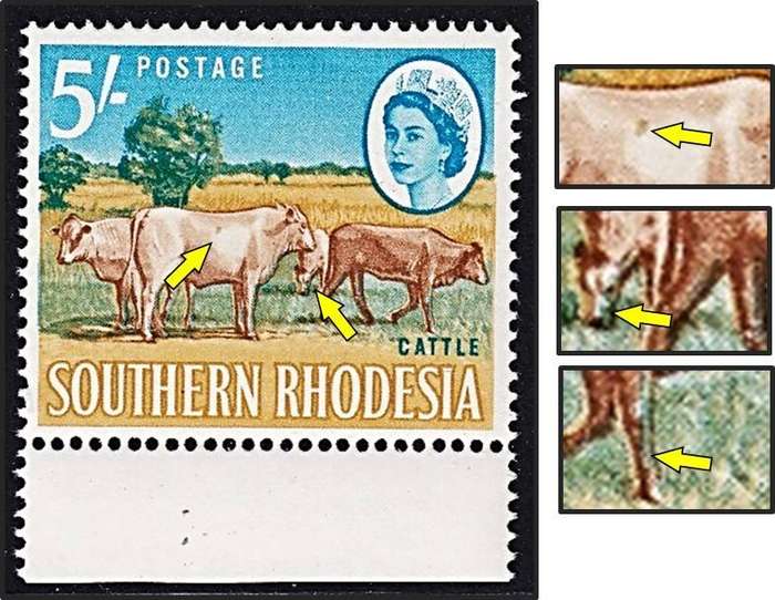 1964 Southern Rhodesia 5/- UMM(**) Variety - Spot on Flank, Blue Face/Legs due to Colour Shift