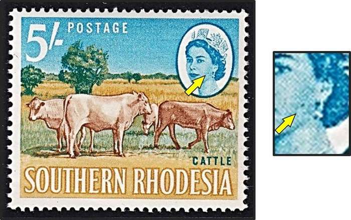 1964 Southern Rhodesia 5/- UMM(**) Variety - Blemish on Queen's Cheek