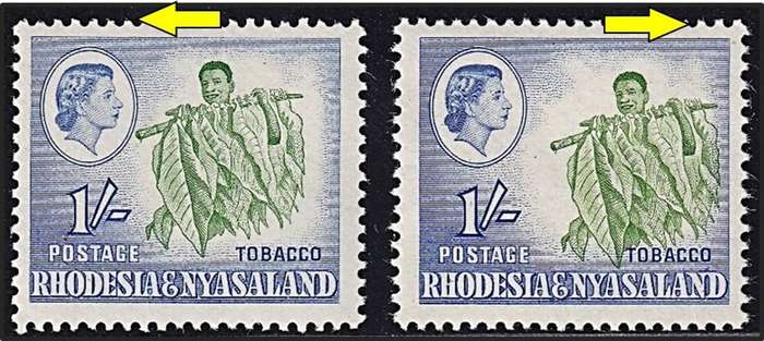 1959 Rhodesia & Nyasaland 1/- UMM(**) Varieties - Large Vignette Shift to Right & Left