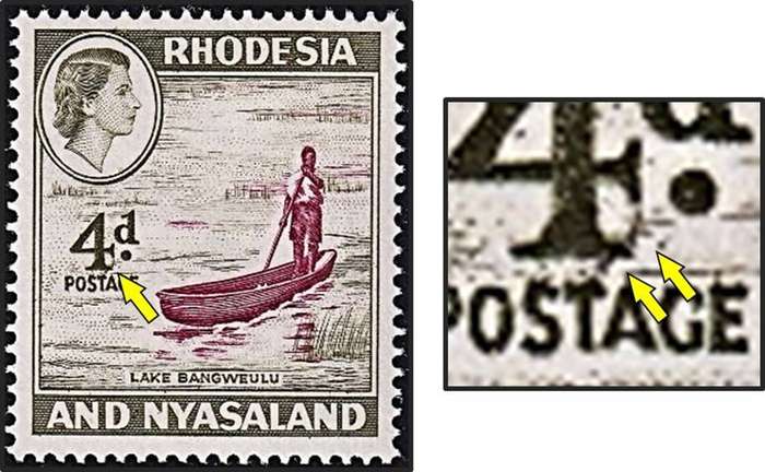 1959 Rhodesia & Nyasaland 4d UMM(**) Variety - Smudges on foot of "4" in 4d