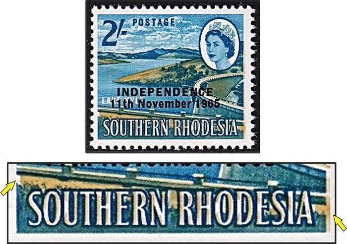 1966 Rhodesia 2/- MM(*) Variety - Ocre Shift to the Left  and into Lettering