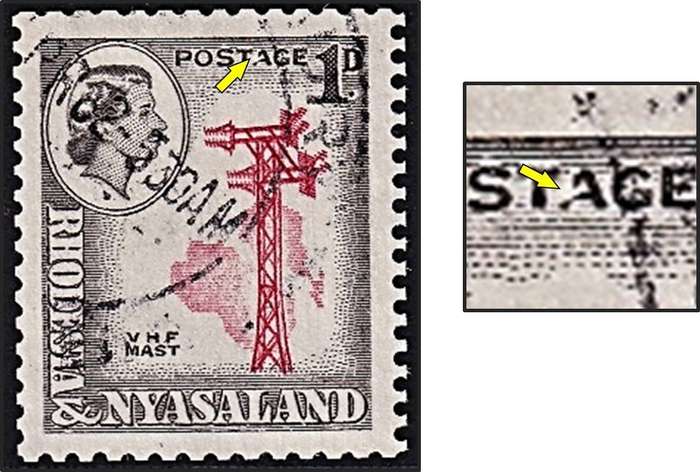1959 Rhodesia & Nyasaland 1d Used Variety - Broken "A" in POSTAGE