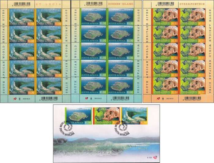 2000 RSA World Heritage Sites UMM(**) Set in Sheetlets of 10 & FDC  @ R485