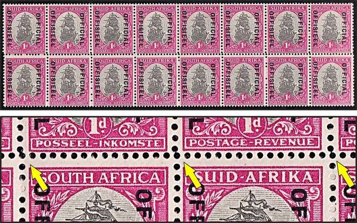 1935/50 Union 1d Official UMM(**) - Perforation Deviation Flaw through Whole Block