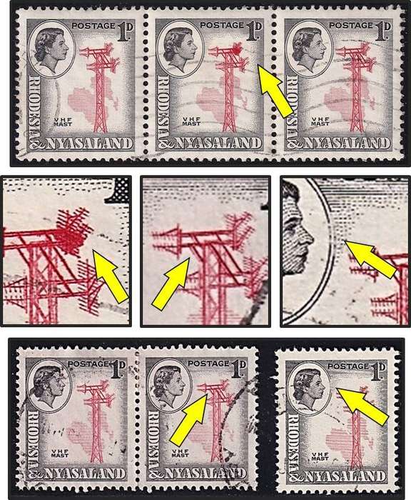 1959 Rhodesia & Nyasaland 1d Used Listed Varieties: Double Line, Broken Oval & Smudged Pilon