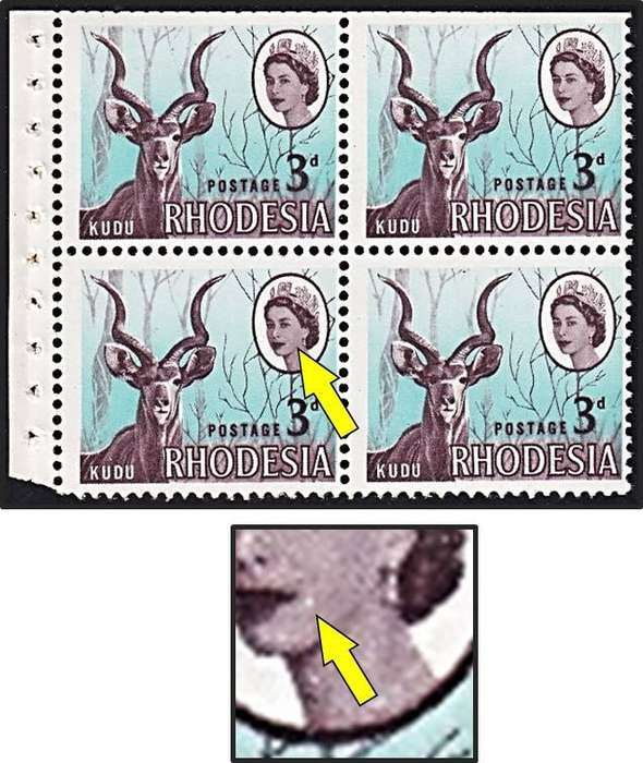 1965 Rhodesia 3d UMM(**) Booklet Pane Variety - White Spot edge of Mouth