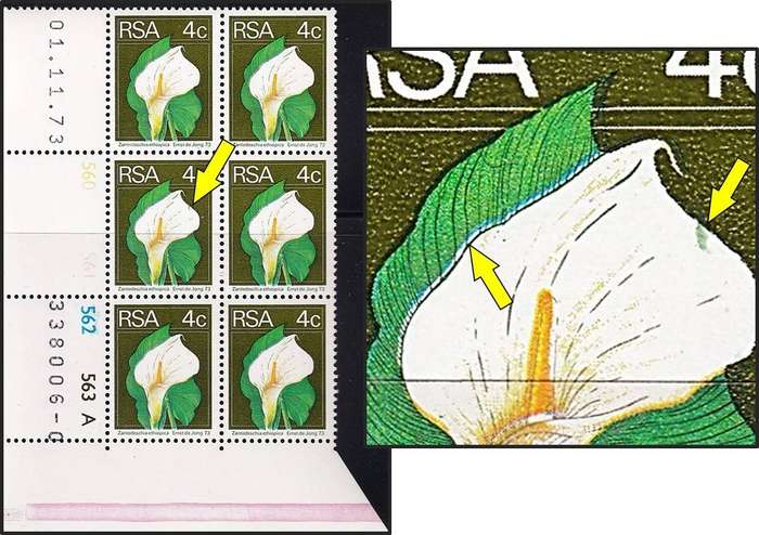 1974 RSA 4c UMM(**) Variety -  Green Mark on Petal & Colour Shift - Nice Combo!